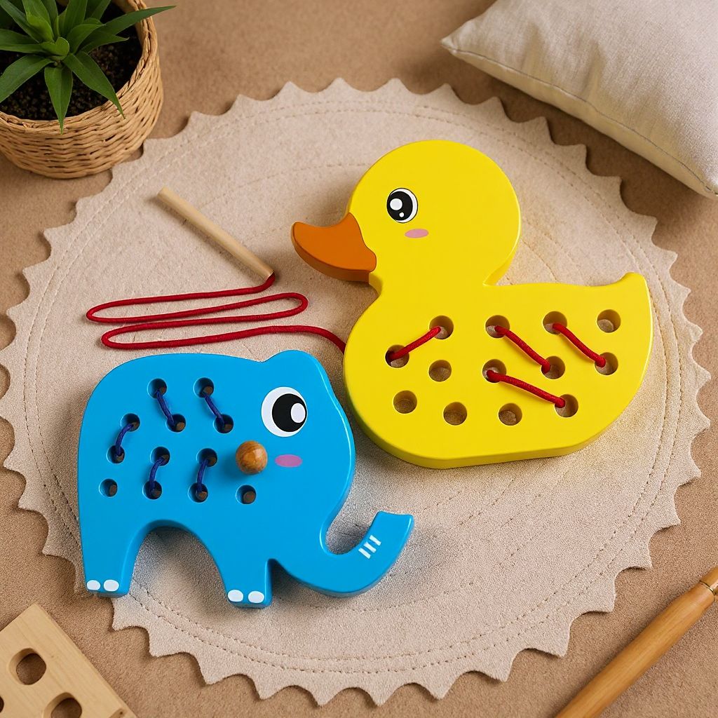 Set de Enhebrado Patito y Elefante de Madera