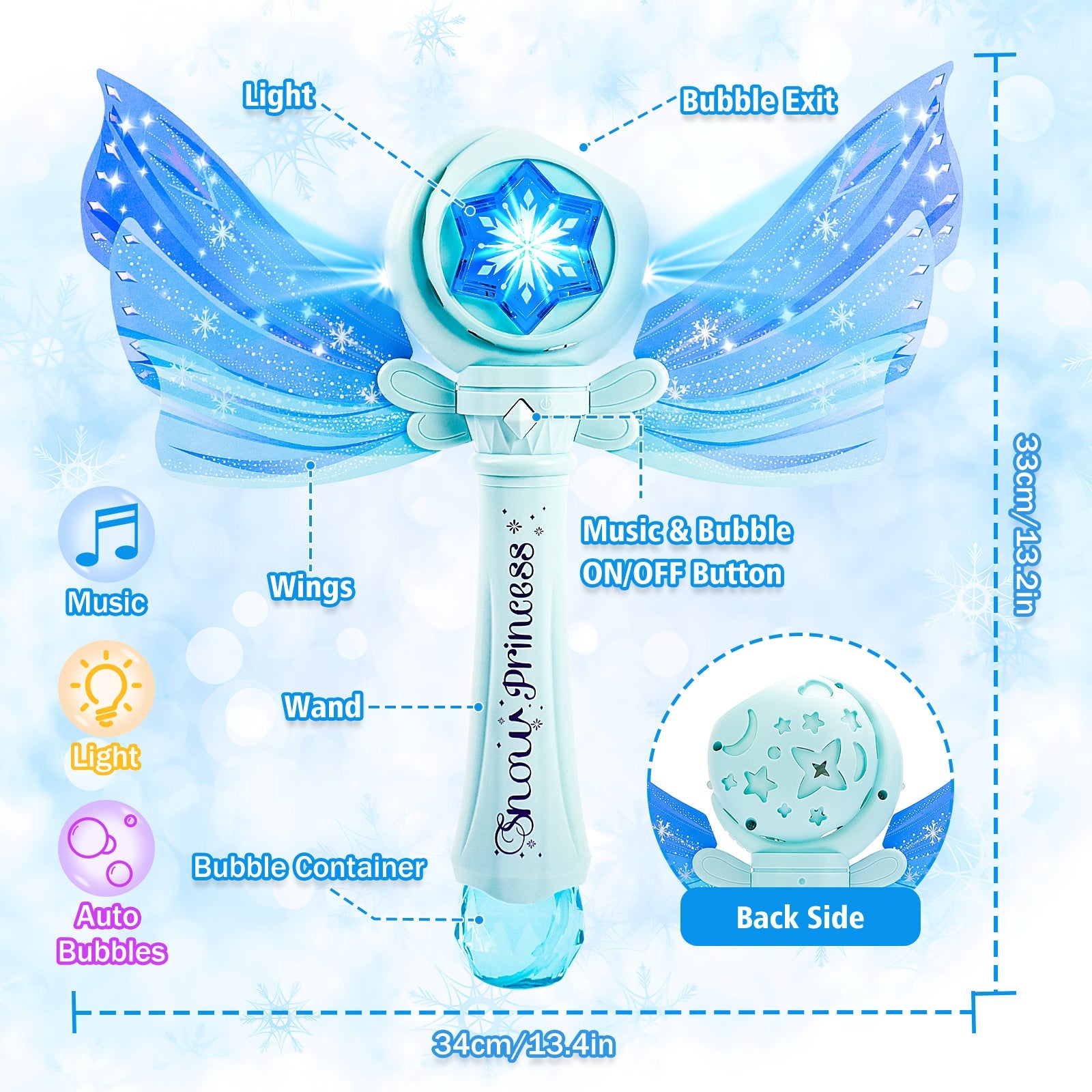 Magical Princess Bubble Wand with Wings Automatic Bubble Machine for Kids with Music Lights Indoor Outdoor Garden Adorable Toy for Kids