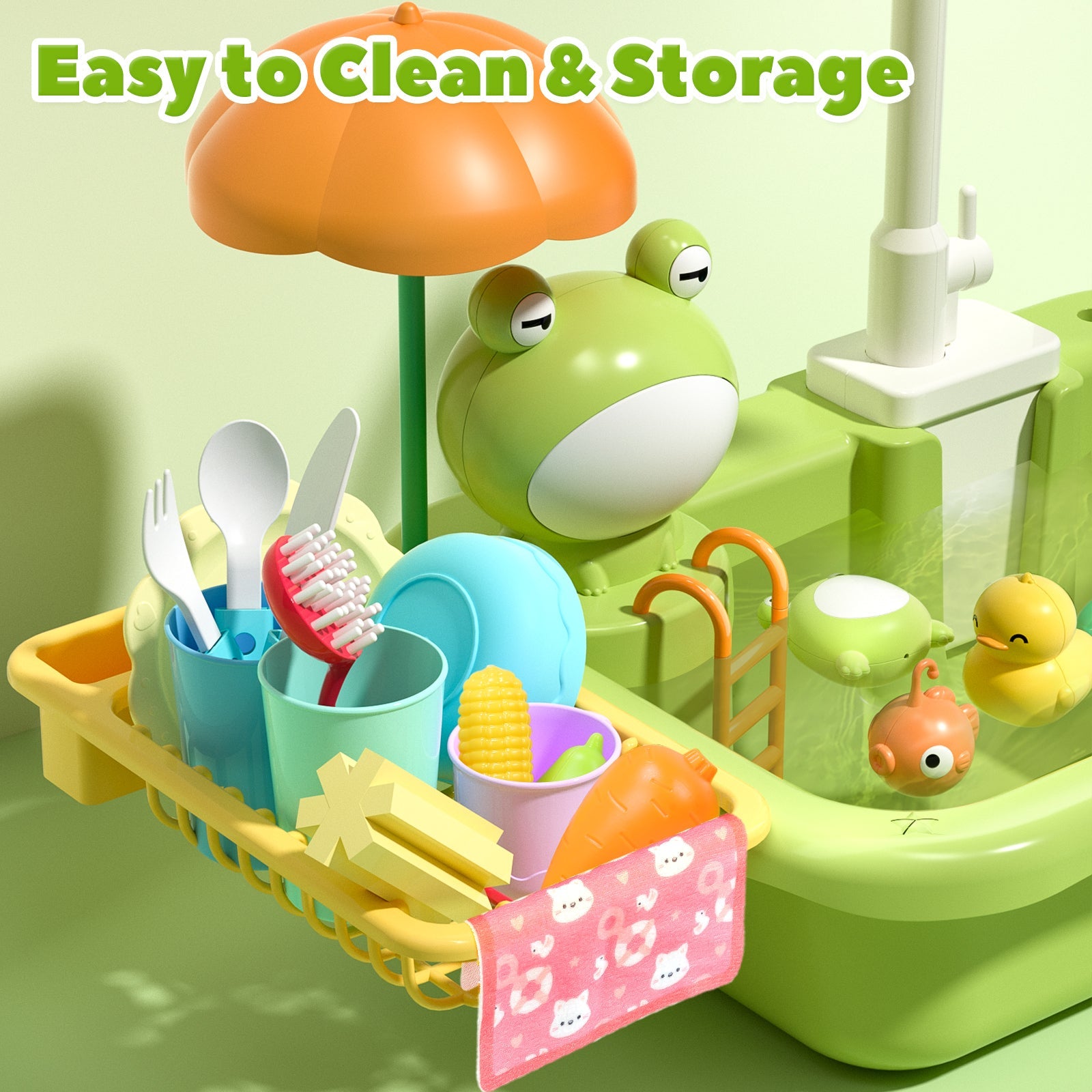 CUTE STONE Play Sink with Running Water, Kitchen Sink Toys with Upgraded Electric Faucet, Play Kitchen Toy Accessories, Pool Floating Fishing Toys for Water Play, Kids Role Play Dishwasher Toy