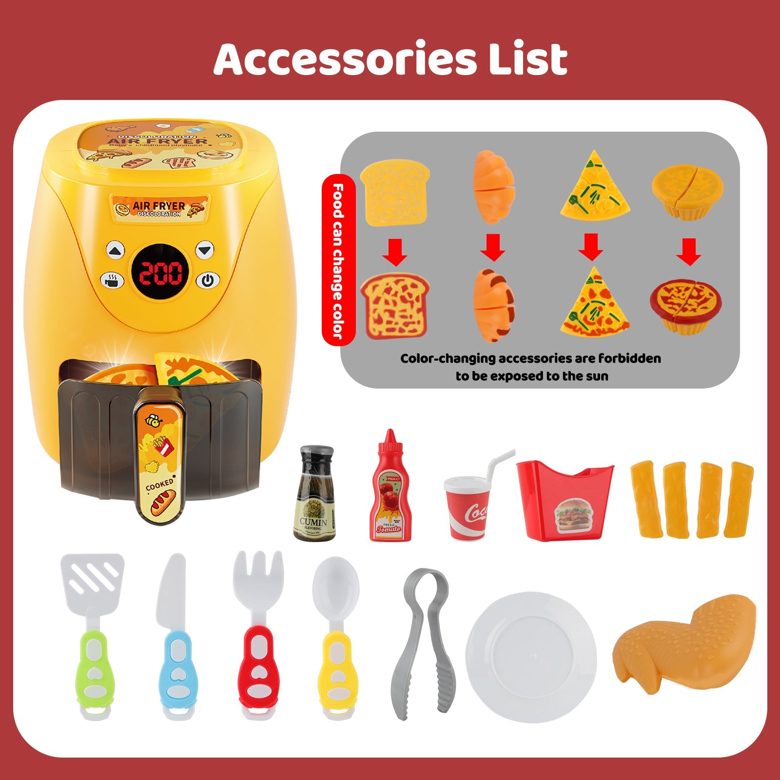 Kitchen Play Set Kids Air Fryer Pretend Role Play Kitchen Toy with Kitchen Accessories with Realistic Light Sound & Play Food