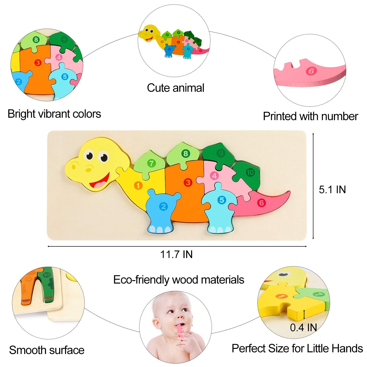 Fidtoy 3D Wooden Dinosaur Puzzle Board, Wooden Animal Board for Toddlers, Preschool Dino Matching Puzzle, Fine Motor and Color Recognition Toy Ages 2-6