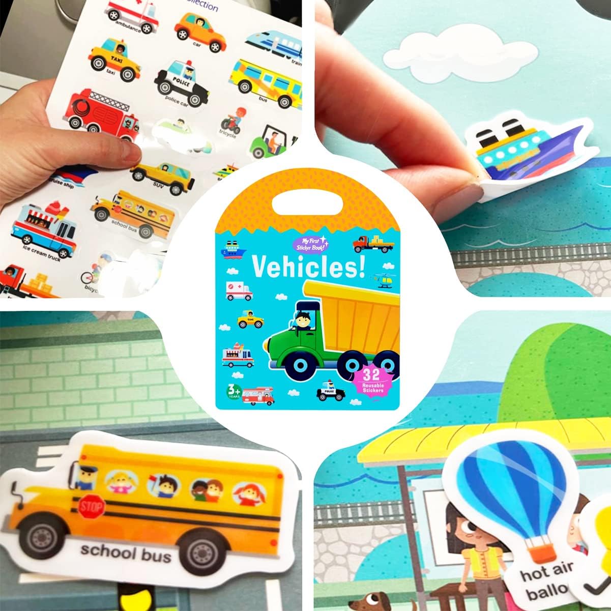 RUSON Portable Jelly Quiet Busy Sticker Book, Vehicles Reusable Books for Kids, Toddler Activity Book Preschool Learning Activities Educational Toys Girl Boy Age 2+ Birthday Gifts, 1-Vehicle, (D-411)
