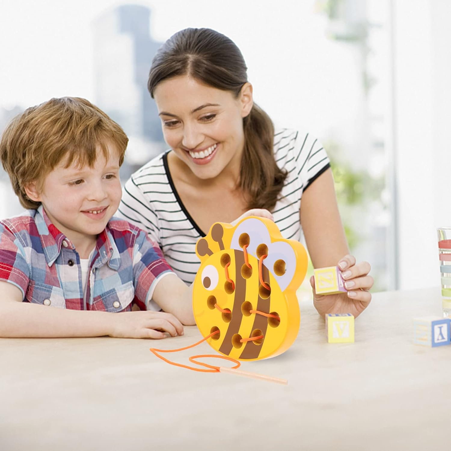 TOYANDONA Wooden Lacing Toys Animal Threading Weaving Toys Wood Block Puzzle Fine Motor Skills Montessori Early Learning Educational Toy for Boys Girls Gift ( Bee )