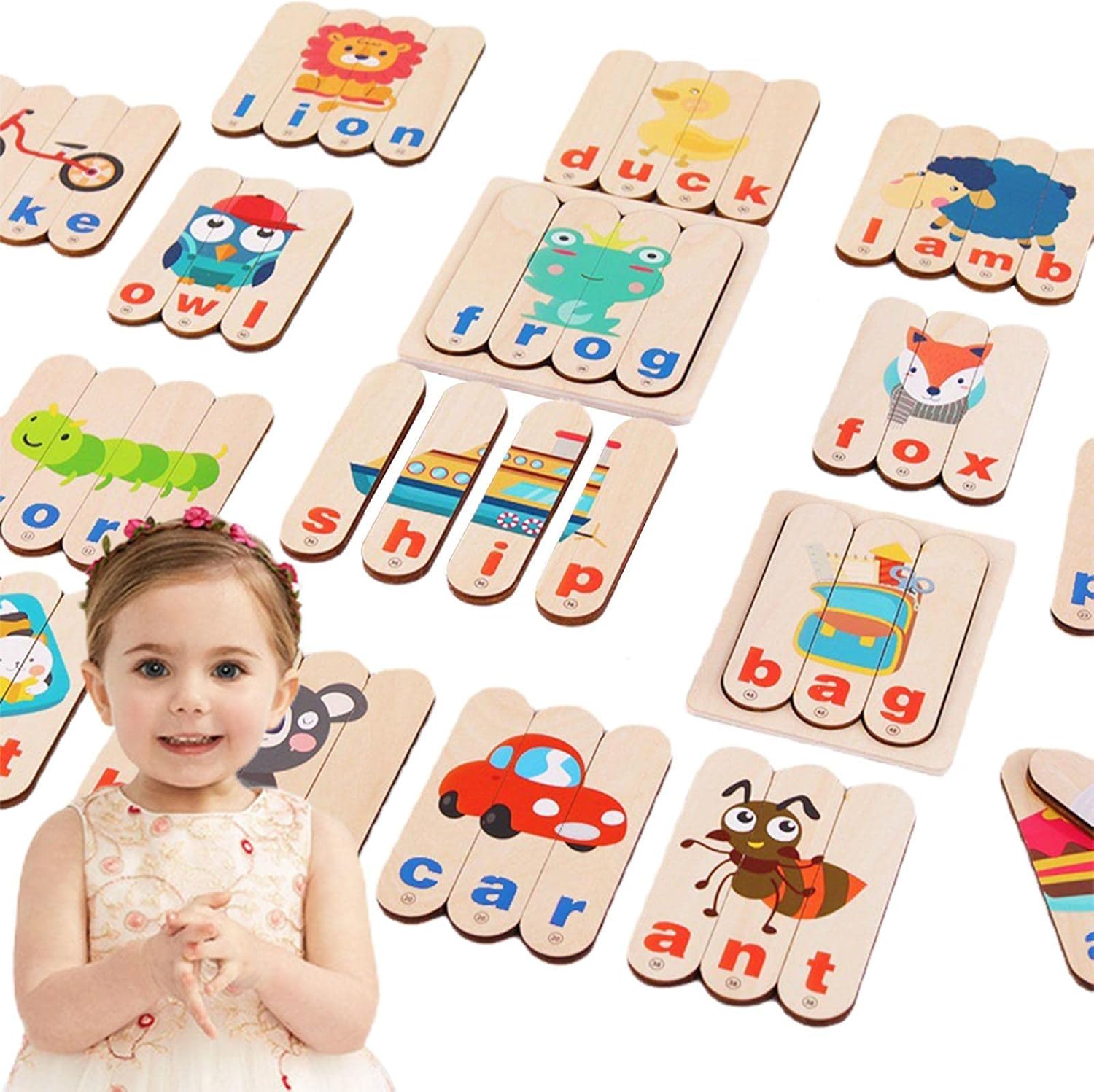 Fidtoy Jeu de Mots en Bois pour Enfants de 2 à 6 Ans, Puzzle de Mots, Alphabet, Jeu d'Association