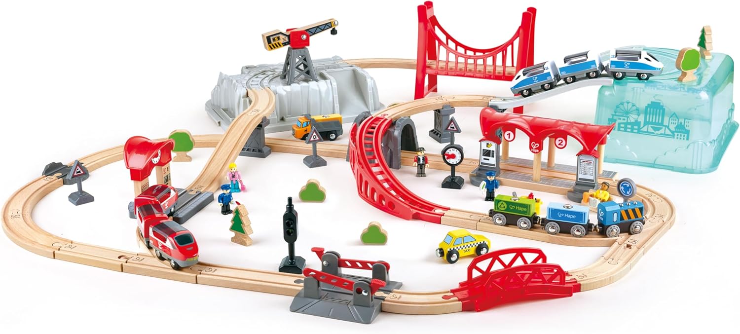 Fidtoy Wooden City Train Set with Storage Bucket Railway Toy
