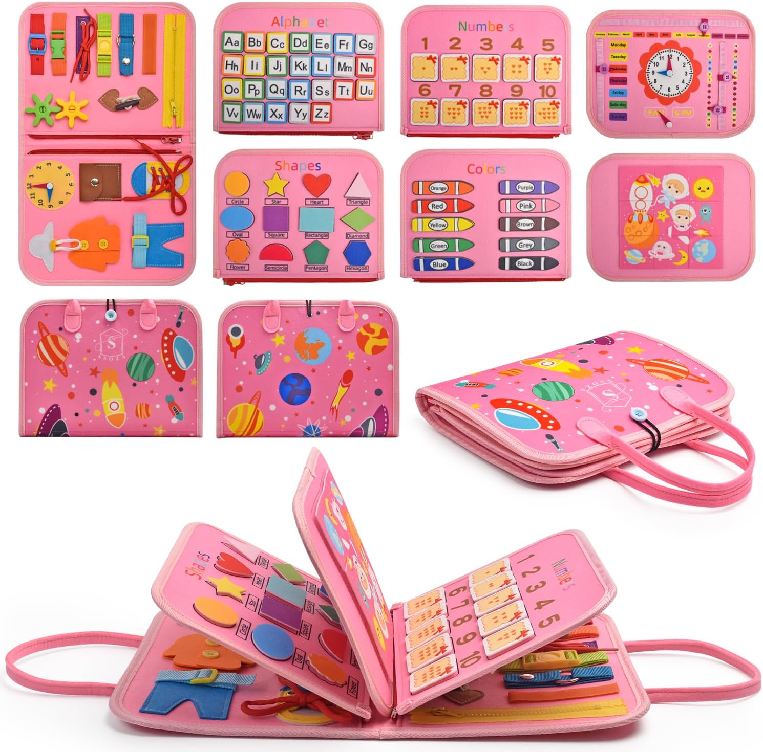 Montessori Busy Board for Toddlers 3-5 Years Old - Learning Activities for Travel, Road Trip - Educational Toys Sensory With Life Skills, Alphabet, Animals, Shapes