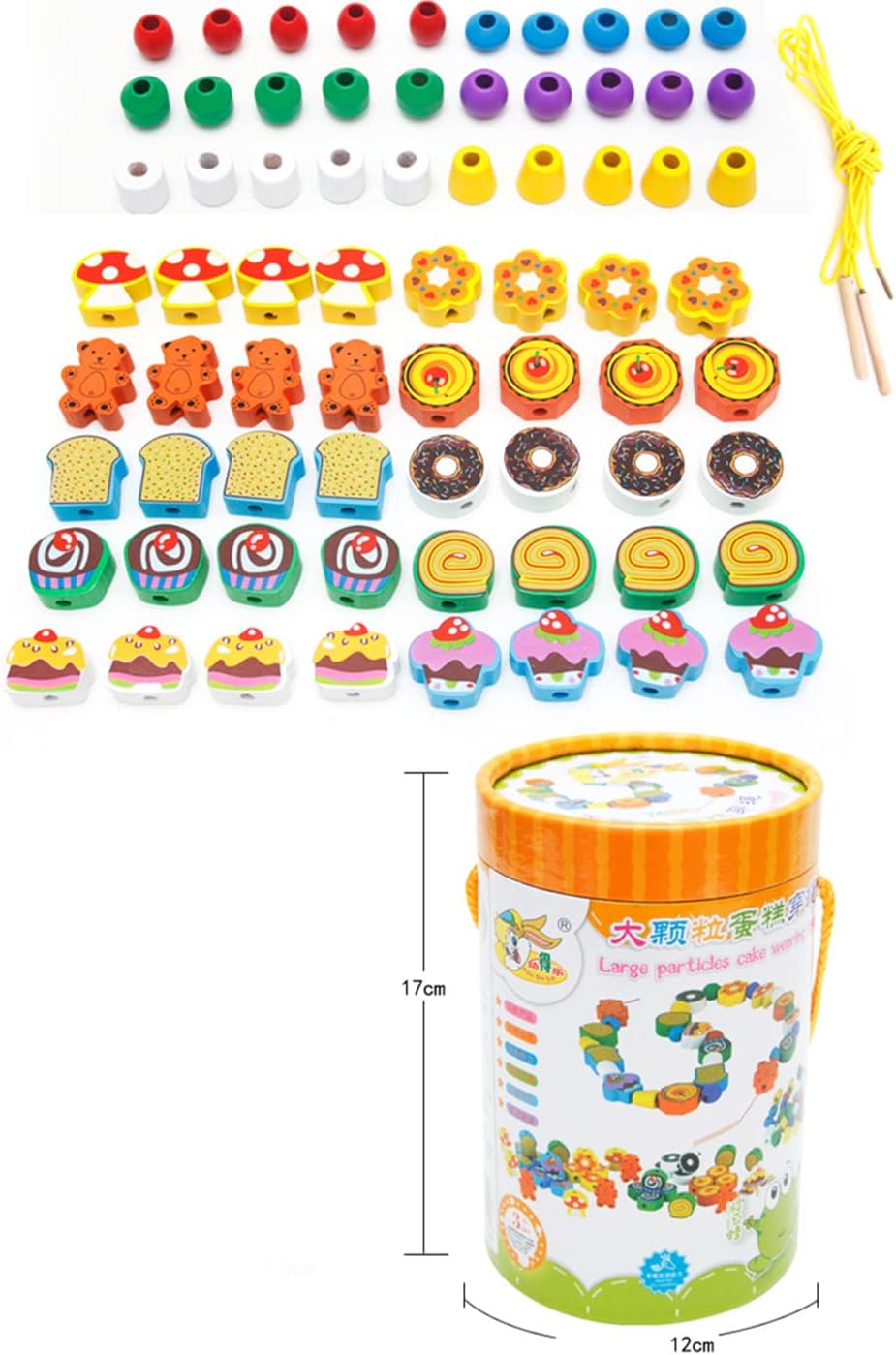 Zerodis Wooden Beads Toy, Wooden Thread Beads Lacing Beads Strings Beads Set Montessori Toys for Toddlers Preschool Children