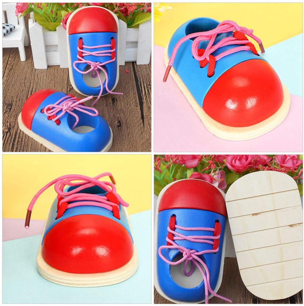 2pcs Wooden Lacing Shoe Toy Tie-up Shoelace Educational Plaything for Boy Girl Develop Fine Motor Skills and Hand-Eye Coordination Safe Natural for Ages