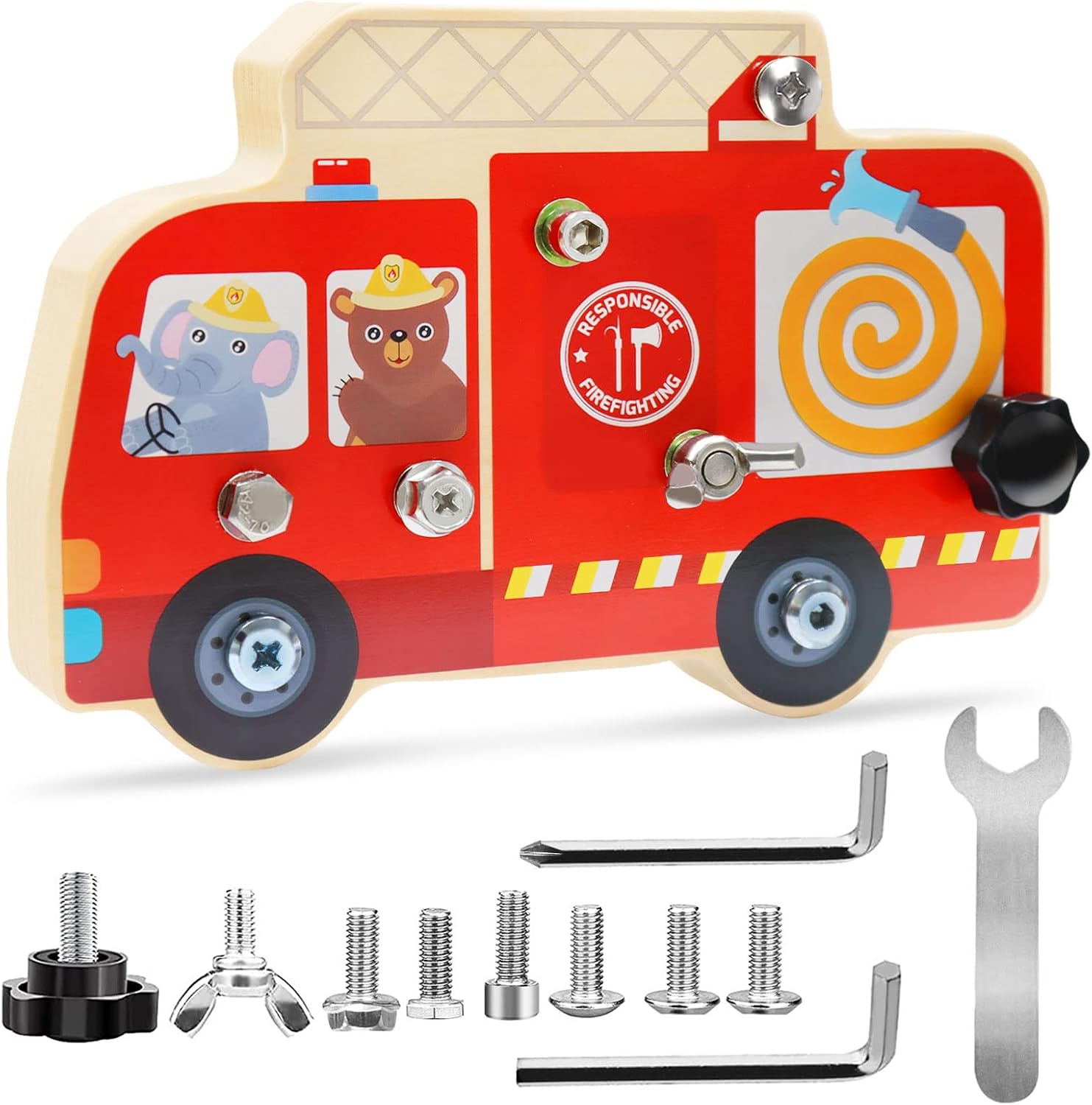 Fidtoy Wooden Montessori Disassembly Fire Truck Screw Board Fine Motor Tool Toy for Kids Ages 3+