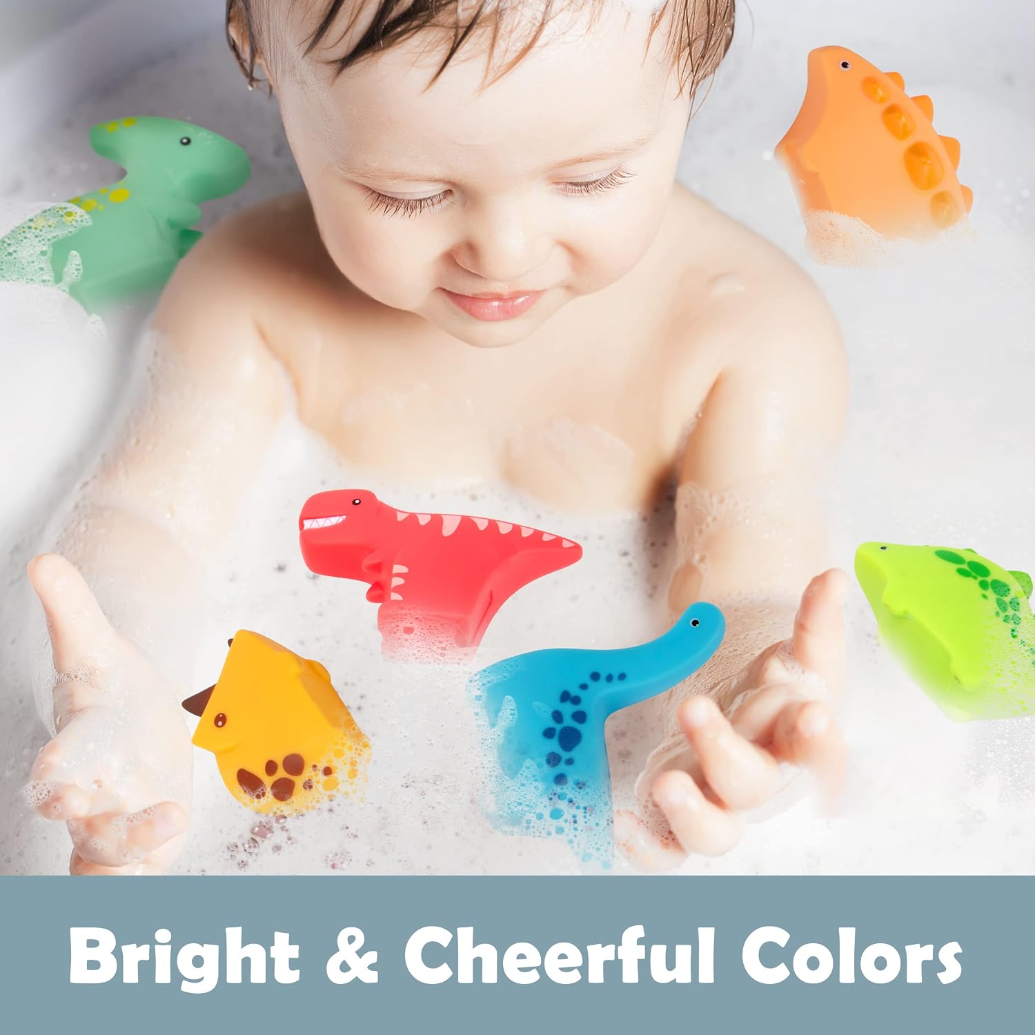 Fidtoy Soft Water Sprinkler Bath Sensory Toy 6 Pieces, Dinosaur Bath Toys for Baby and Toddler Water Play, Rubber Squeeze Floating Spray Toys for Bathtub, Grass and Beach Play