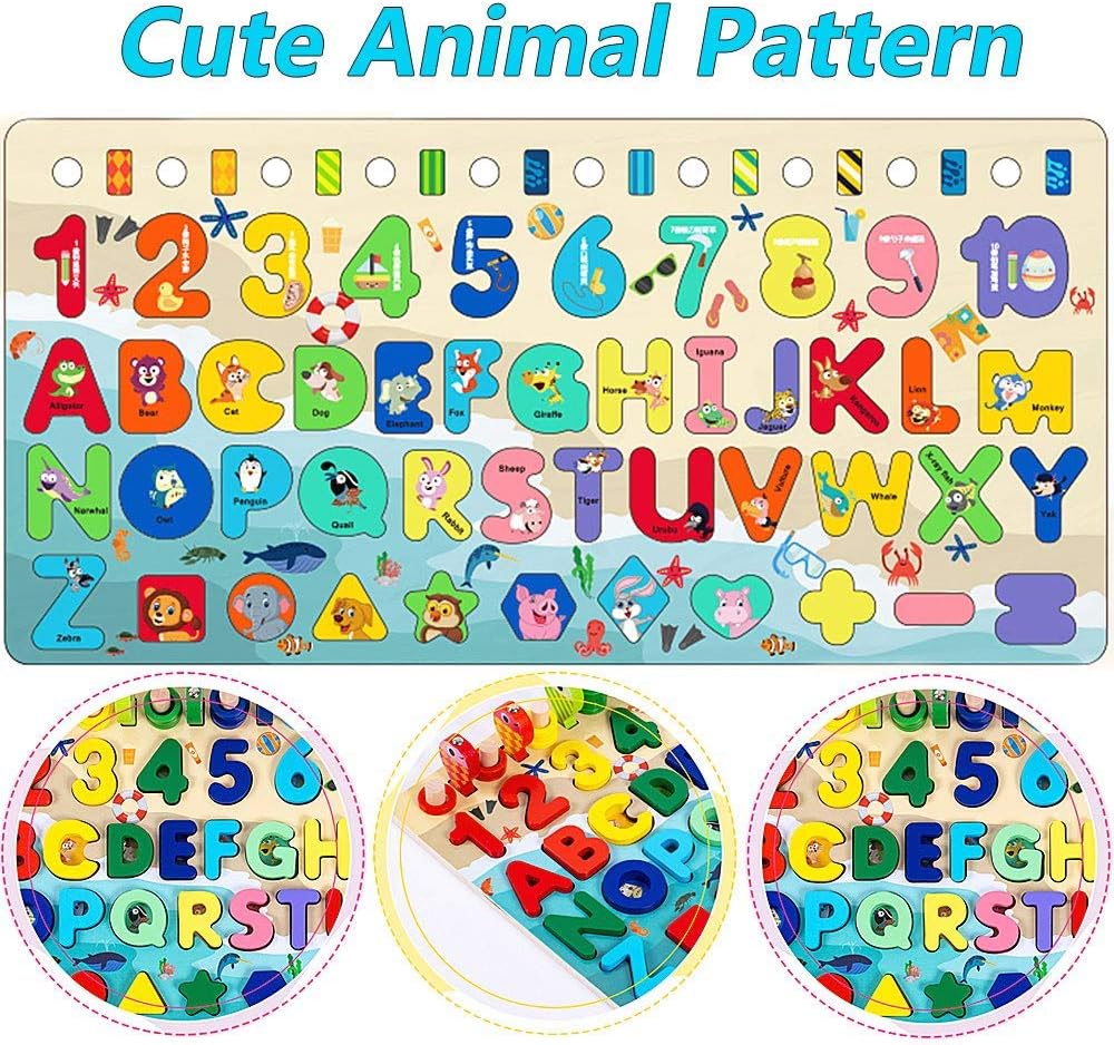 Speedy Panther Wooden Number Alphabet Puzzle Sorting Montessori Toys for Toddlers Shape Counting Game for Age 3 4 5 Year olds Kids - Preschool Education Math Stacking Blocks Learning Toy