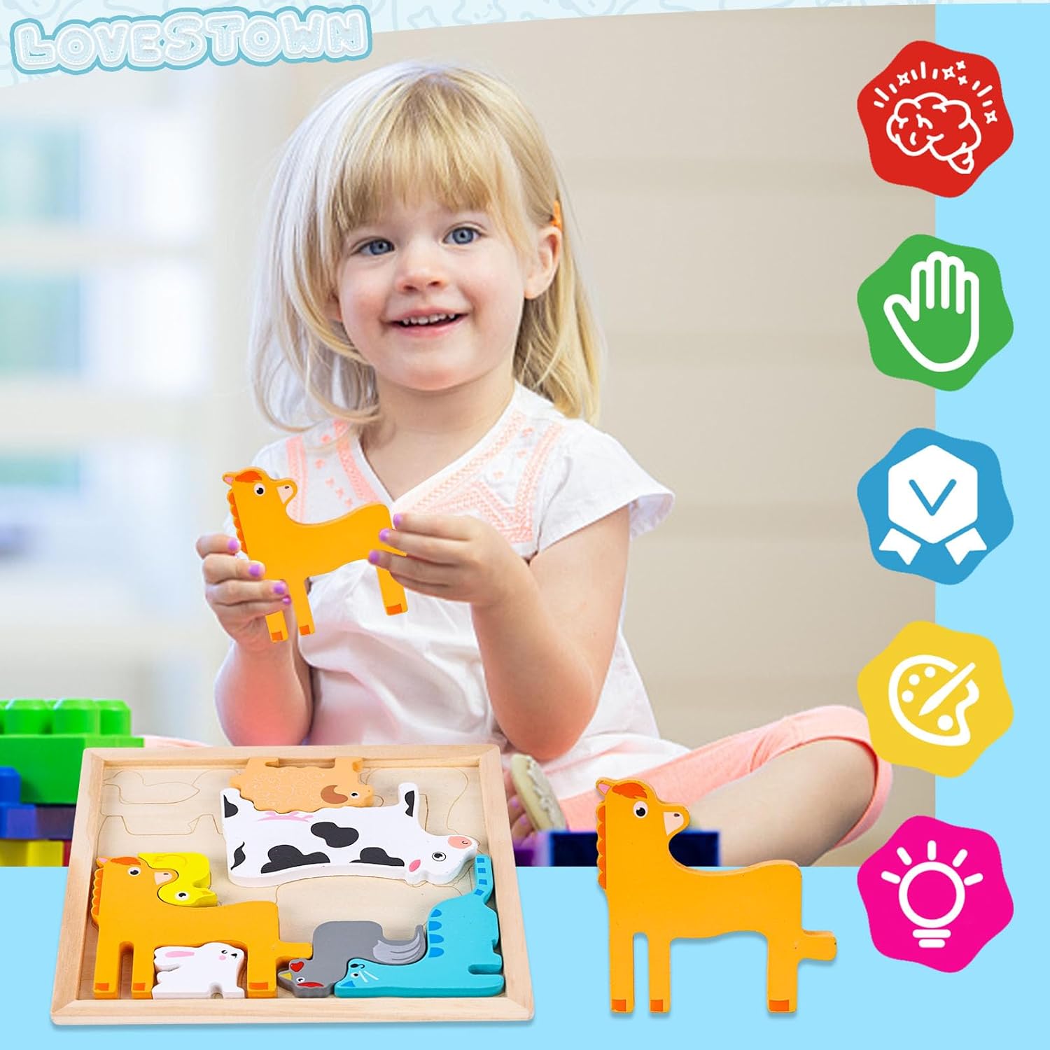 Fidtoy Farm Animal Tangram – Montessori Wooden Puzzle for Toddlers