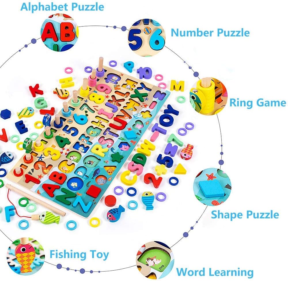 Speedy Panther Wooden Number Alphabet Puzzle Sorting Montessori Toys for Toddlers Shape Counting Game for Age 3 4 5 Year olds Kids - Preschool Education Math Stacking Blocks Learning Toy