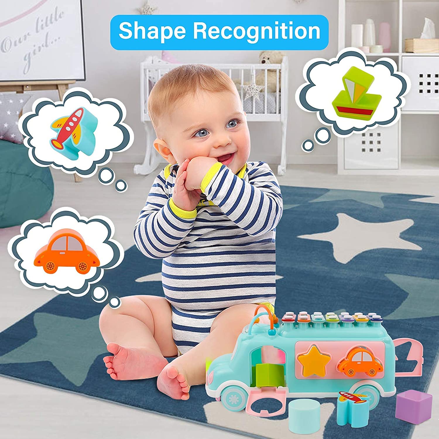 Fidtoy Xylophone School Bus Toy – Musical Shape Sorter Pull Toy for Toddlers 2–6