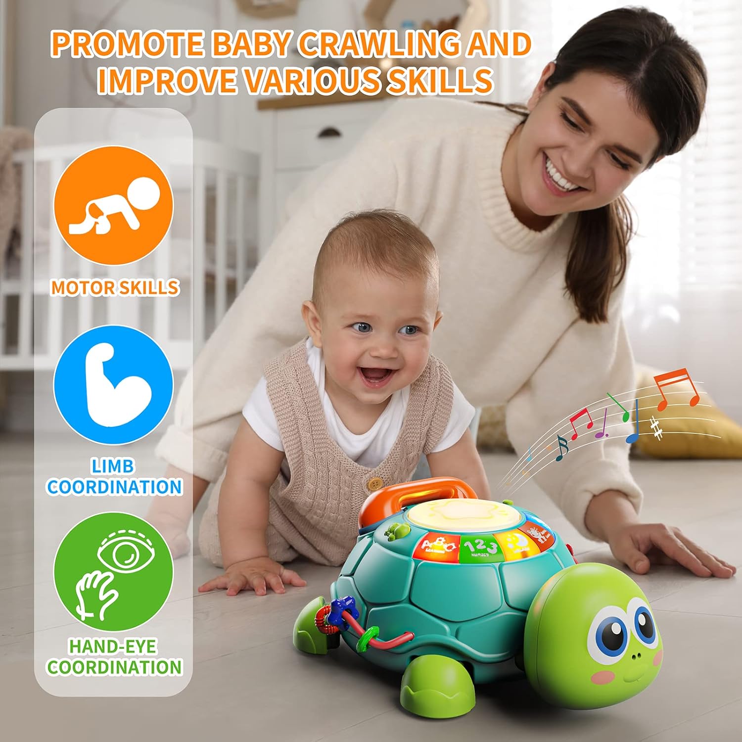 Fidtoy Crawling Musical Turtle Toy for Babies – Interactive Light & Sound Learning Toy for Tummy Time and Early Development