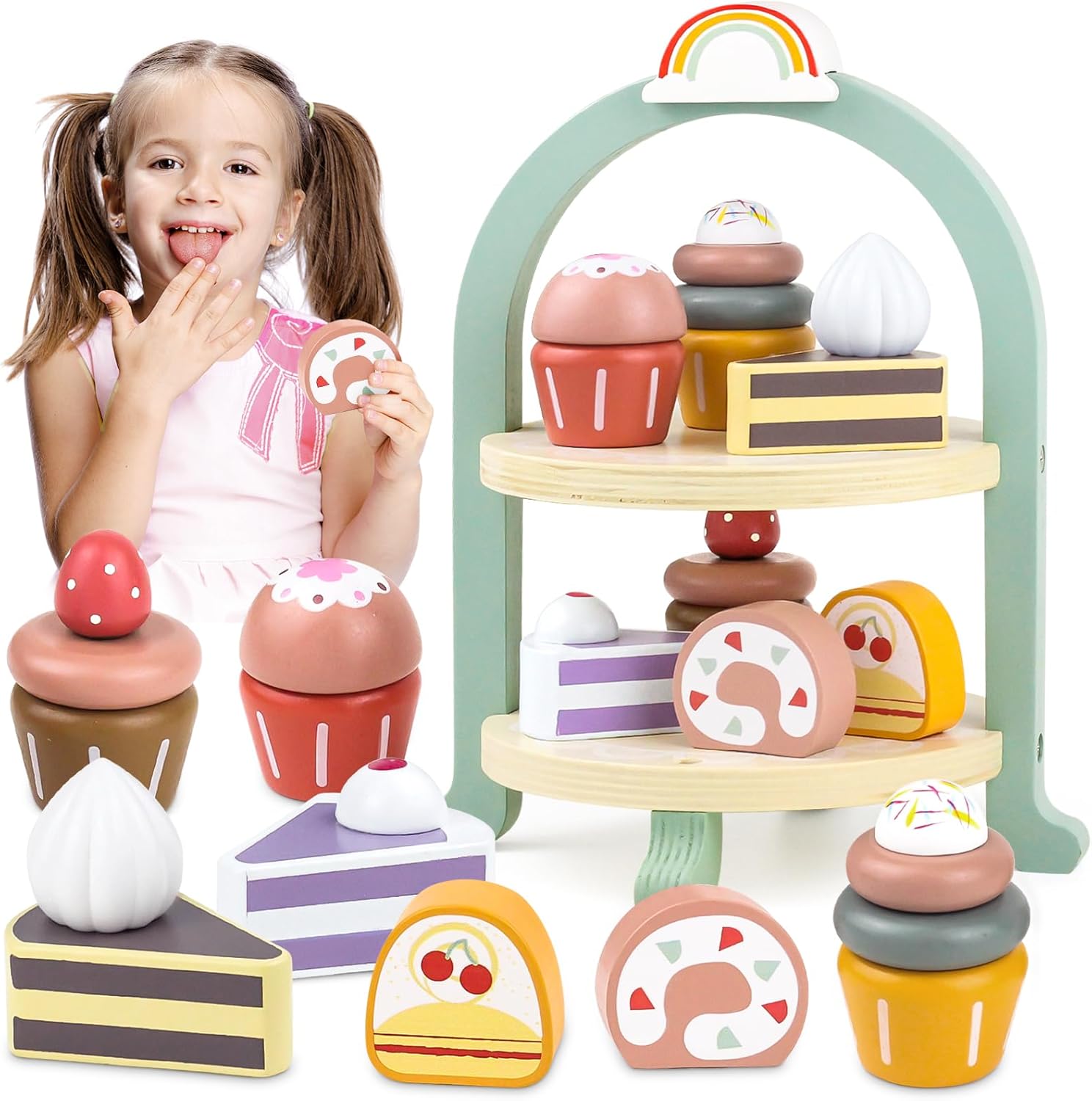 Fidtoy Wooden Cupcake Stacker Set - Pretend Play Toy for Toddlers