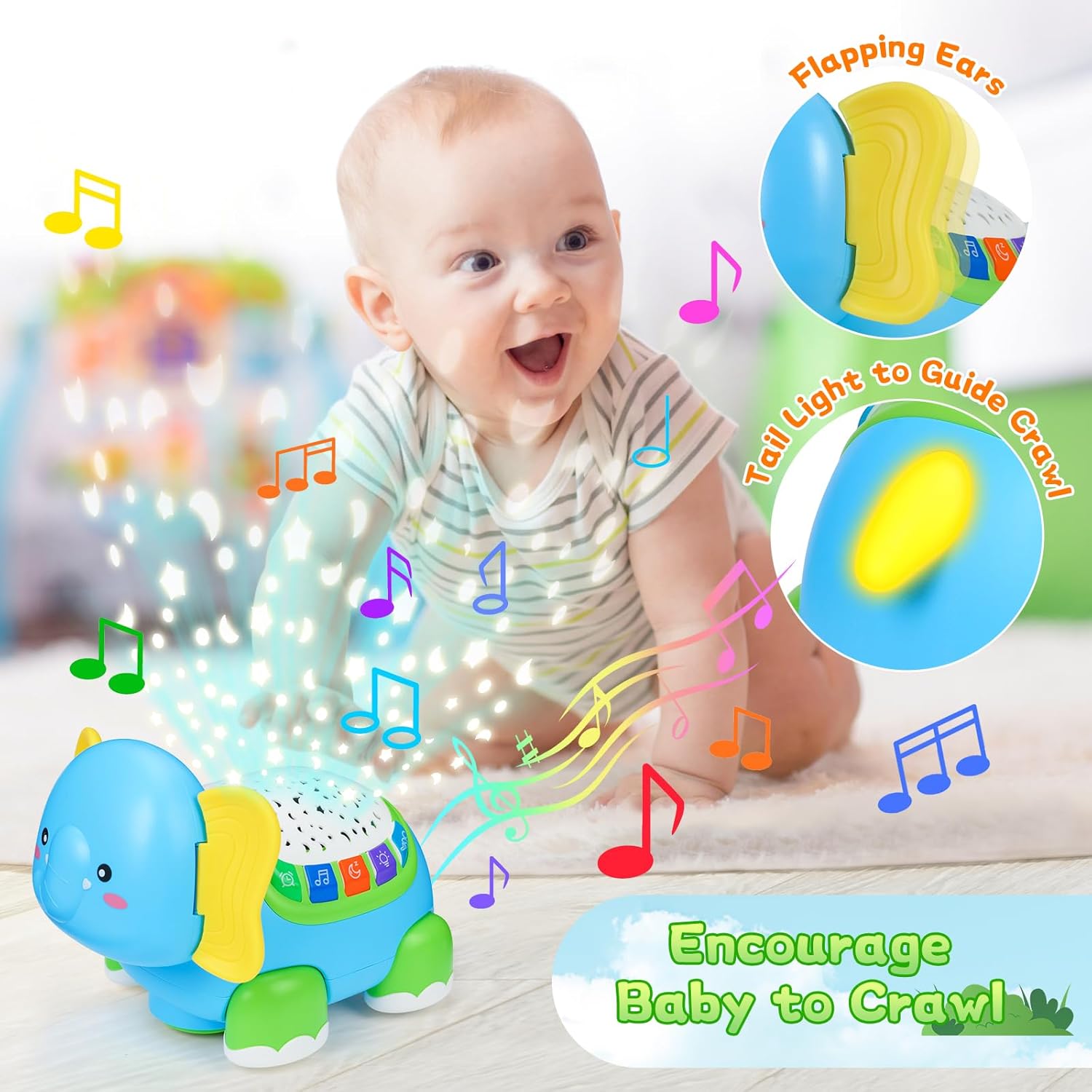 Fidtoy Musical Crawling Elephant Baby Toy with Lights, Lullabies & Star Projector for Toddlers