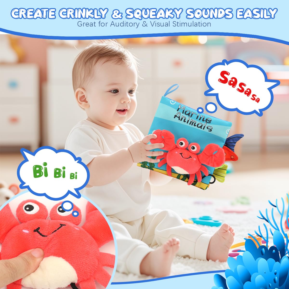 Fidtoy Baby Crinkle Cloth Book for Newborns – Montessori Sensory Fabric Activity Book for Babies 0-12 Months