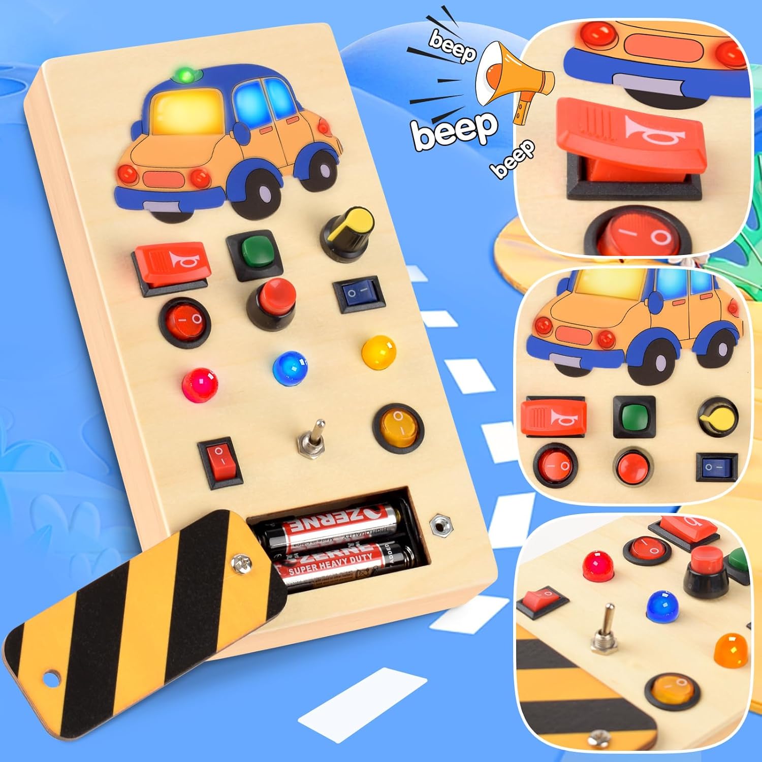 POLKRANE Tablero ocupado con luz LED, juguetes Montessori con interruptor de palanca, juguetes sensoriales para niños pequeños 1-3, juguetes de viaje para actividades educativas para niños pequeños