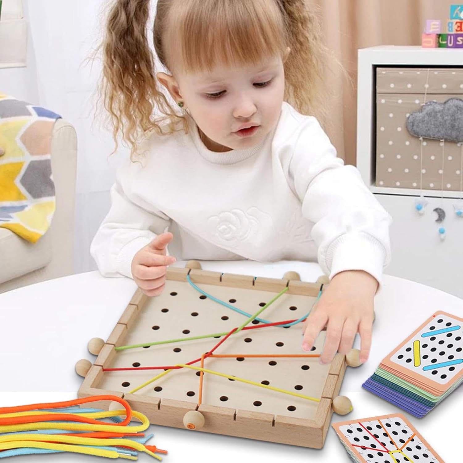Lacing Toy for Toddlers, Threading Toys for Toddlers, Fun Lacing and Pulling String Board, 40 Learning Cards, 6 Colored Threads | Puzzles