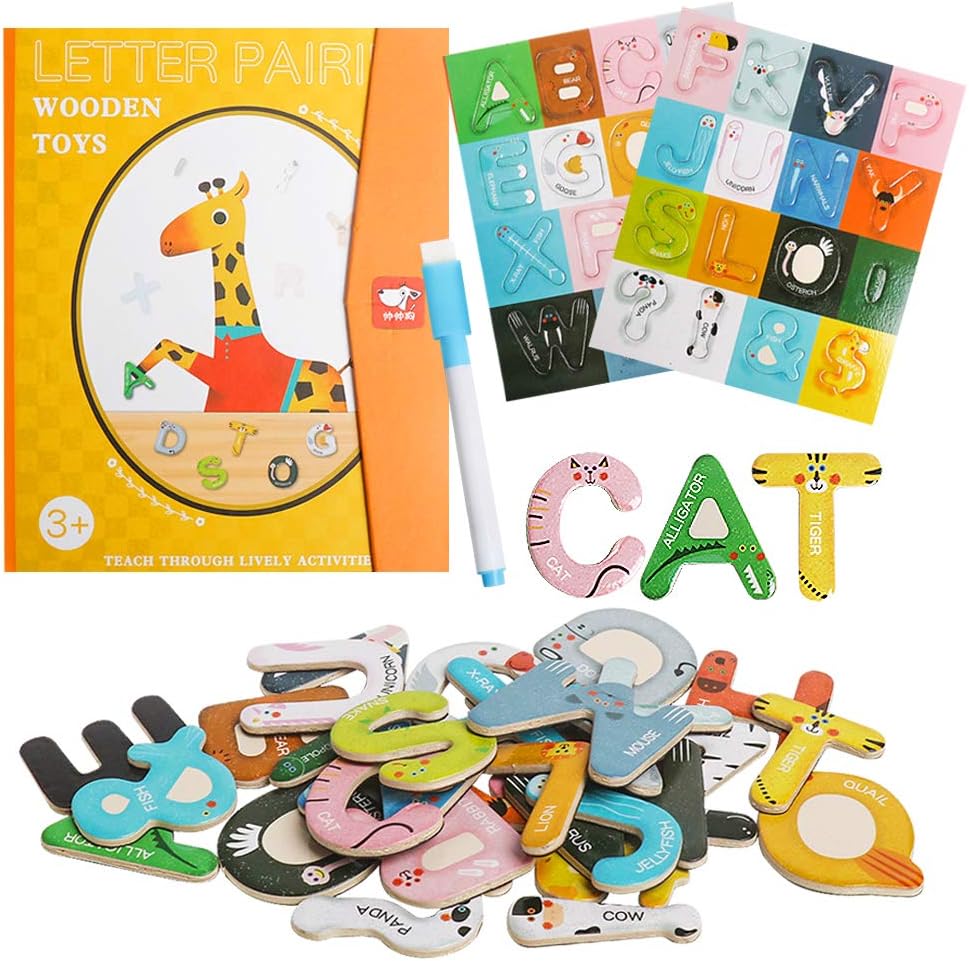 JCREN Jumbo Magnetic Animails Alphabet Uppercase Letters with Drawing Board,Fridge Wooden Magnets Sticks,ABCs, Early Letter Recognition,Learning Spelling Refrigerator for Toddler Kids Boy Girl