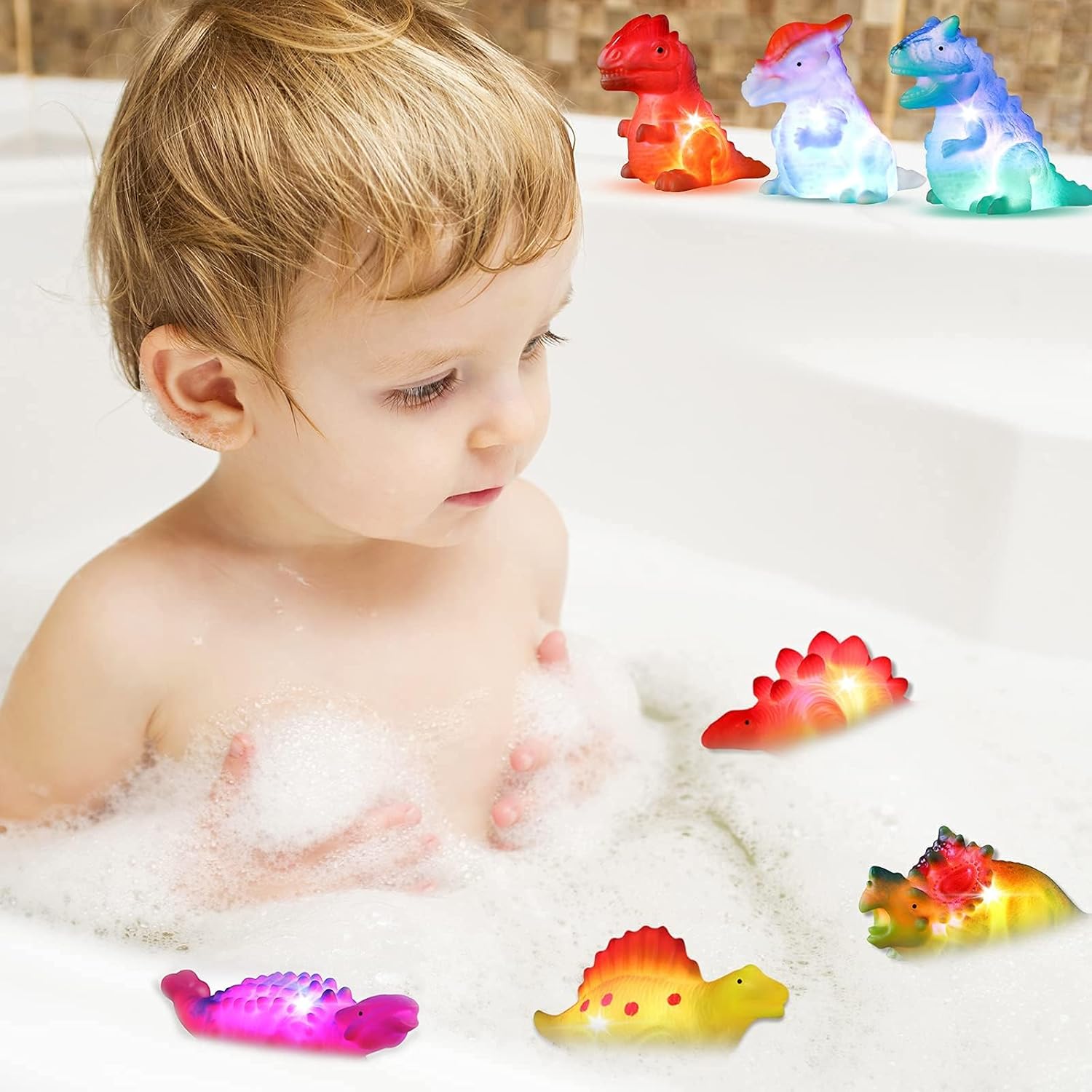 Fidtoy Dinosaur Bath Toys Light Up Floating Set for Toddlers (6 Pack)