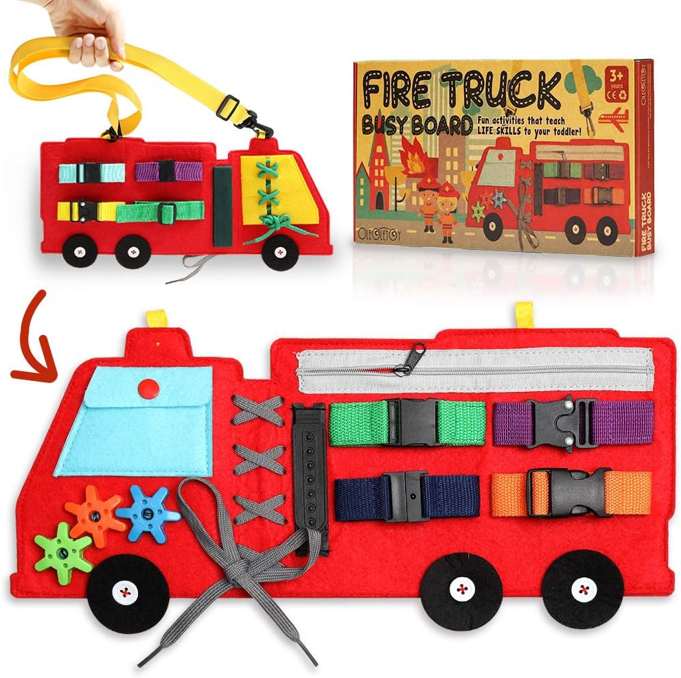 Busy Board for Toddlers 1-3 or 2-4, Firetruck Preschool Educational Early Learning Toy, Basic Life Skills and Fine Motor Montessori Activities for Kids, Learn to Dress Sensory Toy as Travel Game