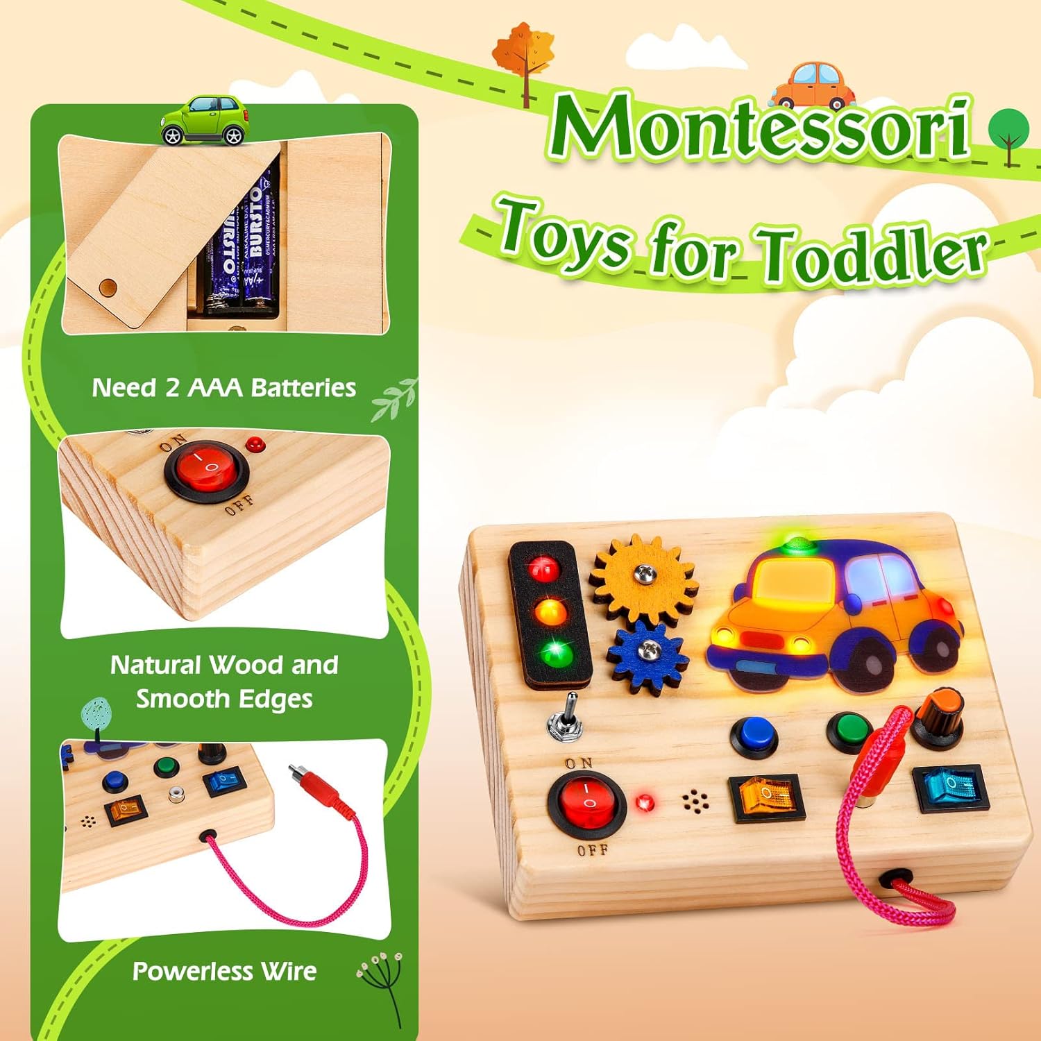 Auney Wooden Montessori Busy Board,Sensory Toys with Light up LED and Sounds Buttons
