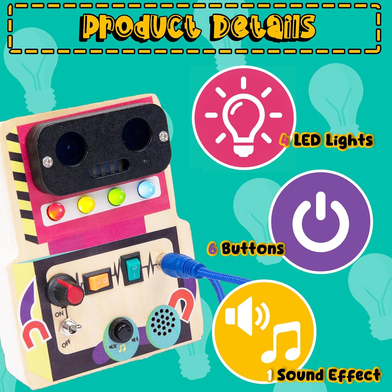 TEUVO Montessori Toys Robot Busy Board Toys for Toddler Age 1 2 3 4 5 6 Years Old, Light Switch Sensory Educational Travel Toys Gifts for Kids Boys Girls Christmas Birthday Holiday