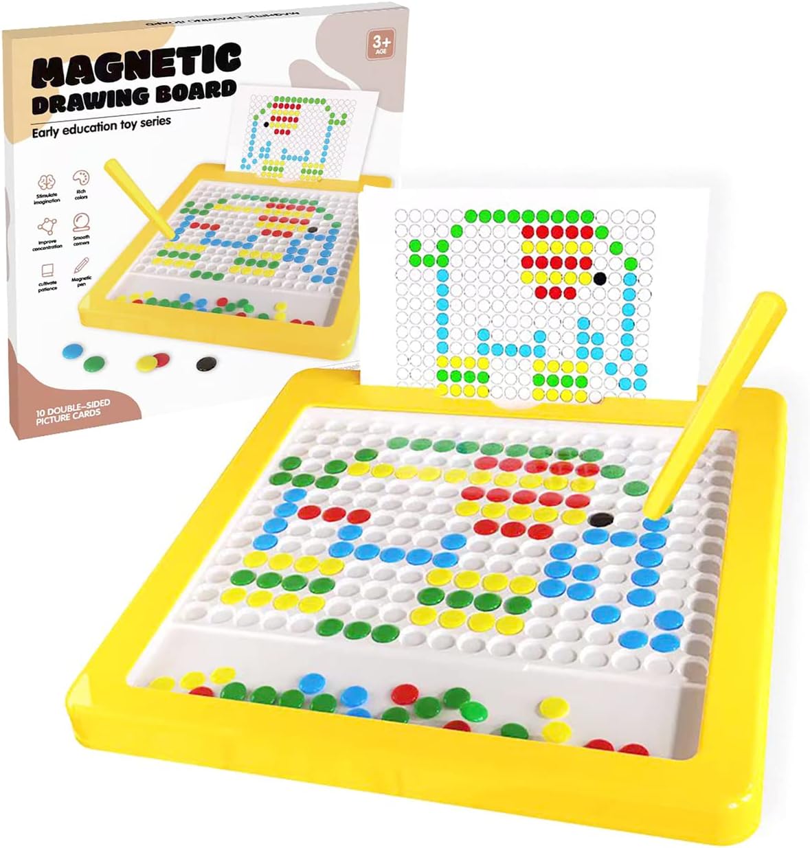 Fidtoy Small Magnetic Beads Drawing Board for Kids Ages 2-6, Yellow Plastic Magnetic Drawing Pad with Magnetic Pen, 10 Double-Sided Pattern Cards, Sealed Acrylic Panel and Fine Motor Creative Play