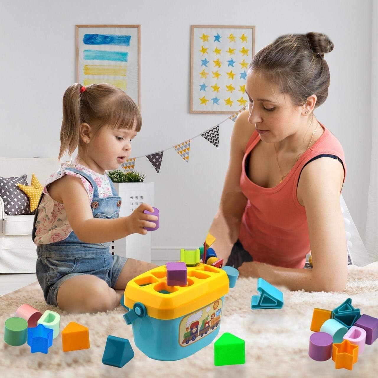 Fidtoy Baby Shape Sorter Blocks Set with 16 Building Blocks