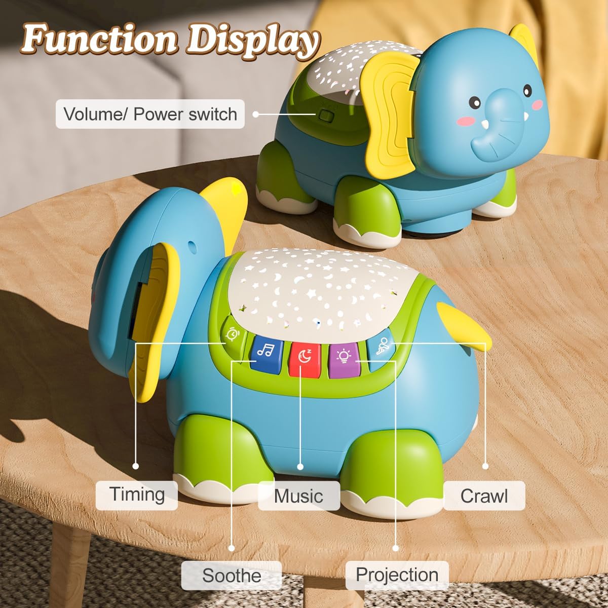 Fidtoy Musical Crawling Elephant Baby Toy with Lights, Lullabies & Star Projector for Toddlers