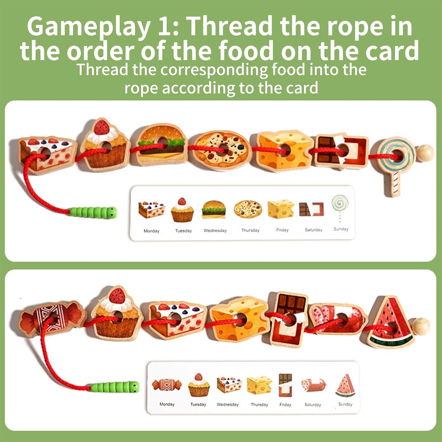 Wooden Greedy Caterpillar Rope Toy, Educational String Beaded Toys, Fruit & Vegetable Caterpillar Lacing Bead String Game, Montessori Fine Motor Skills Farm Toys for 3+ Year Old