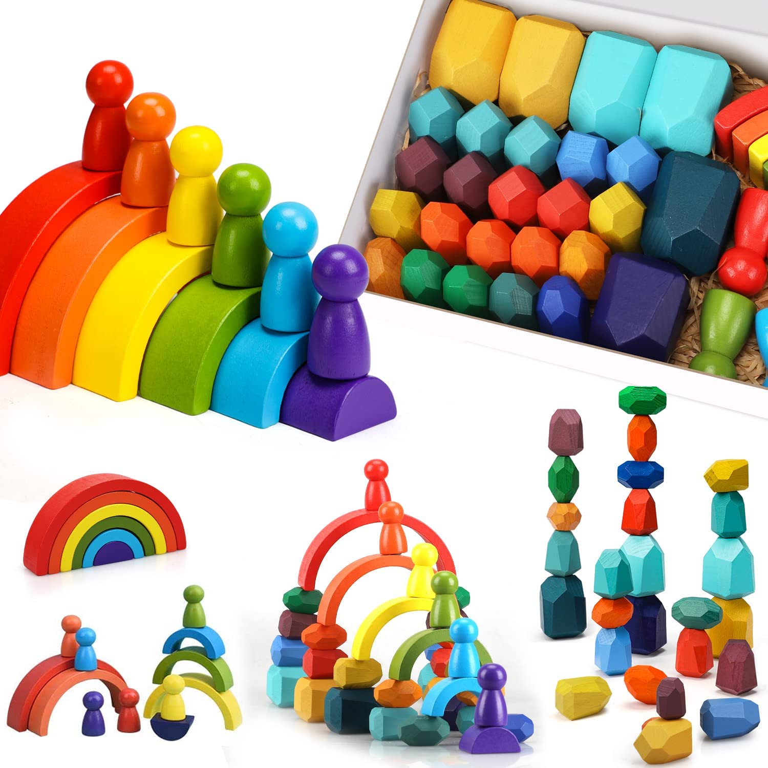 Fidtoy Juego de juguetes de madera apilables con arcoíris para bebés y niños pequeños
