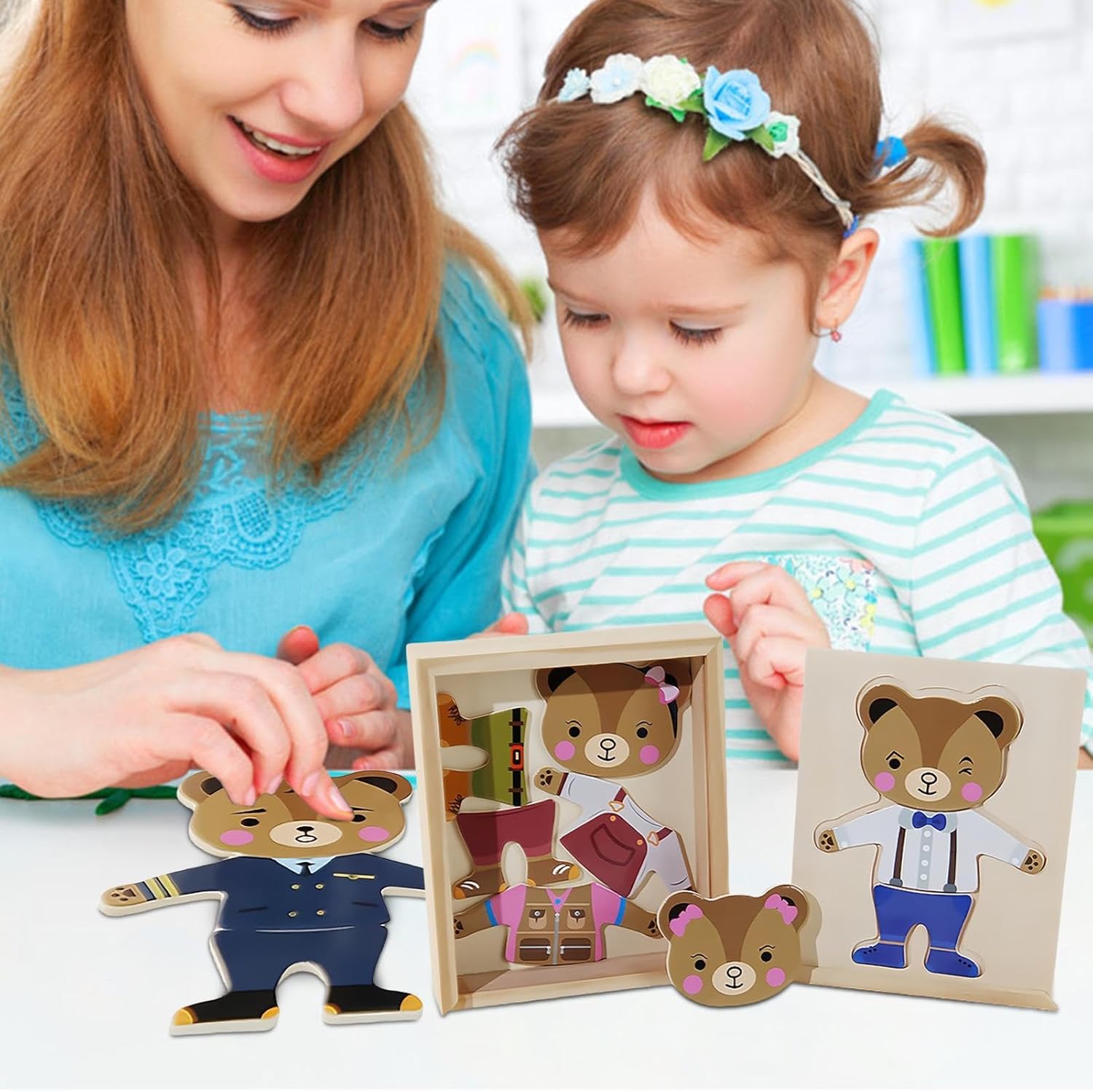Bear Family Dress Up Puzzle,Wooden Bear Family Costume, Clothes Changing Game, Sorting and Matching Puzzle, Wooden Funny Change Clothes Set for
