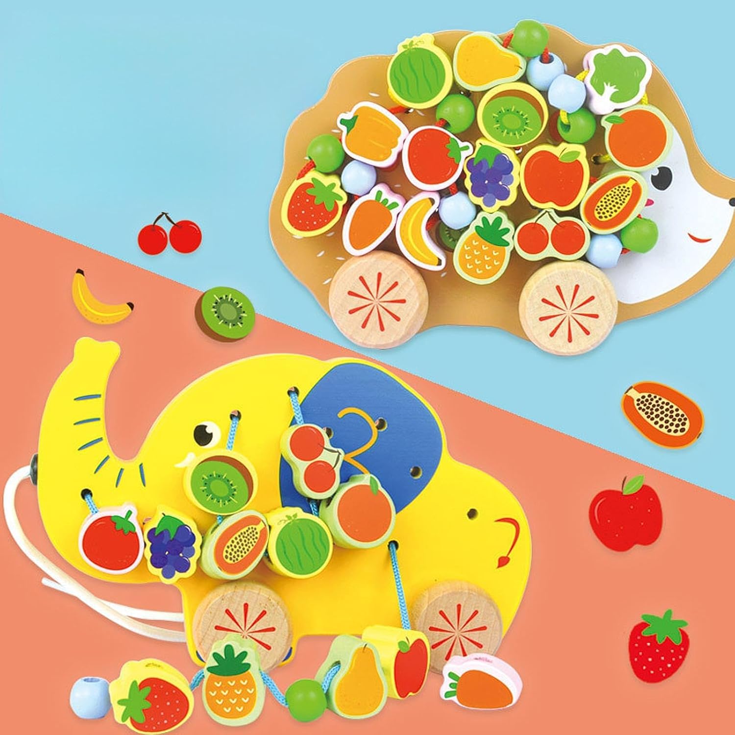 UJEAVETTE Wooden Lacing Beads Toy Cartoon Educational for Kids Toddlers 3 4 5 Year Old Elephant