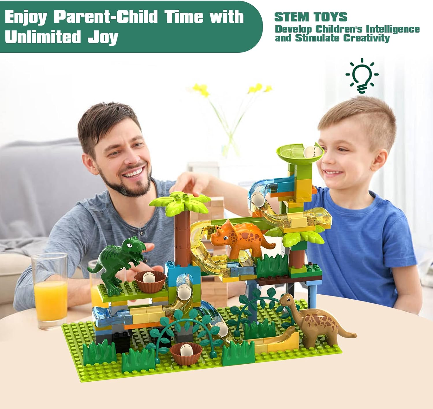 Fidtoy Dinosaur Marble Run Track Set for Kids – 125-Piece Jurassic STEM Building Toy with Dinosaur Eggs, Funnel, Marble Maze, and Creative Construction Play