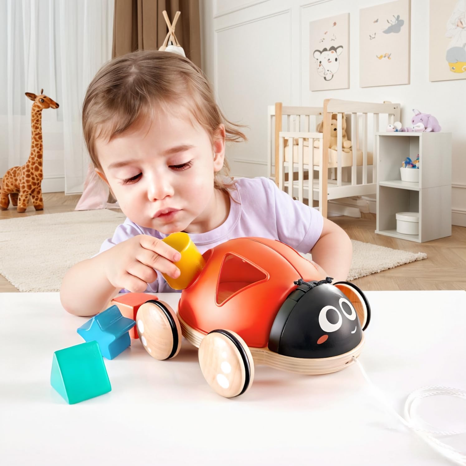 Fidtoy Wooden Ladybug Pull Along Shape Sorting Toy for Toddlers