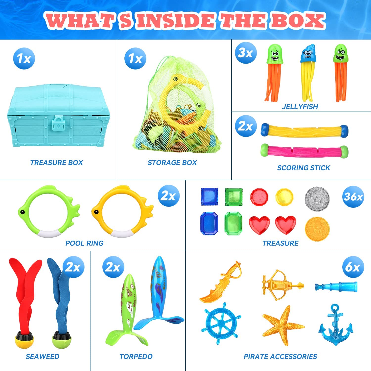 Fidtoy Pool Dive Toy Set for Kids 4-8 Treasure Hunt Game