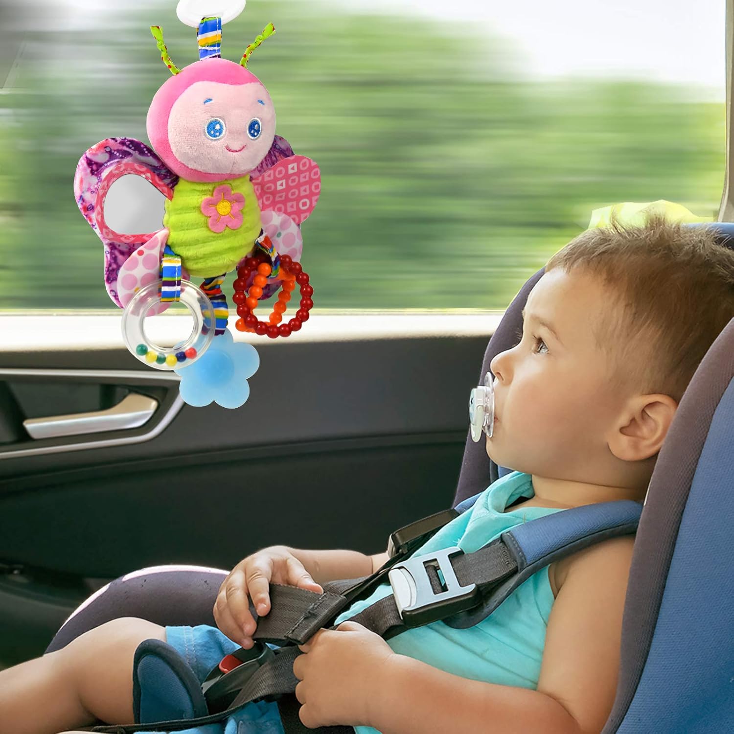Fidtoy Baby Hanging Sensory Toy for Stroller Crib and Car Seat – Plush Rattle Teether Activity Toy
