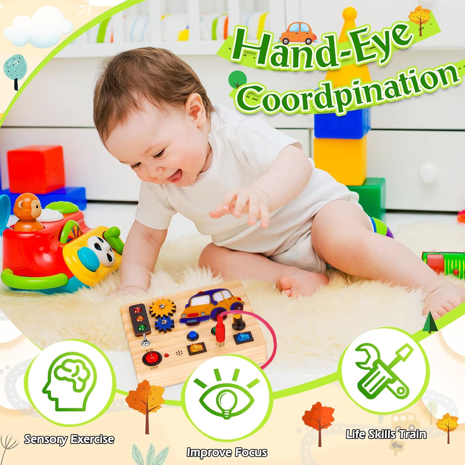 Auney Wooden Montessori Busy Board,Sensory Toys with Light up LED and Sounds Buttons