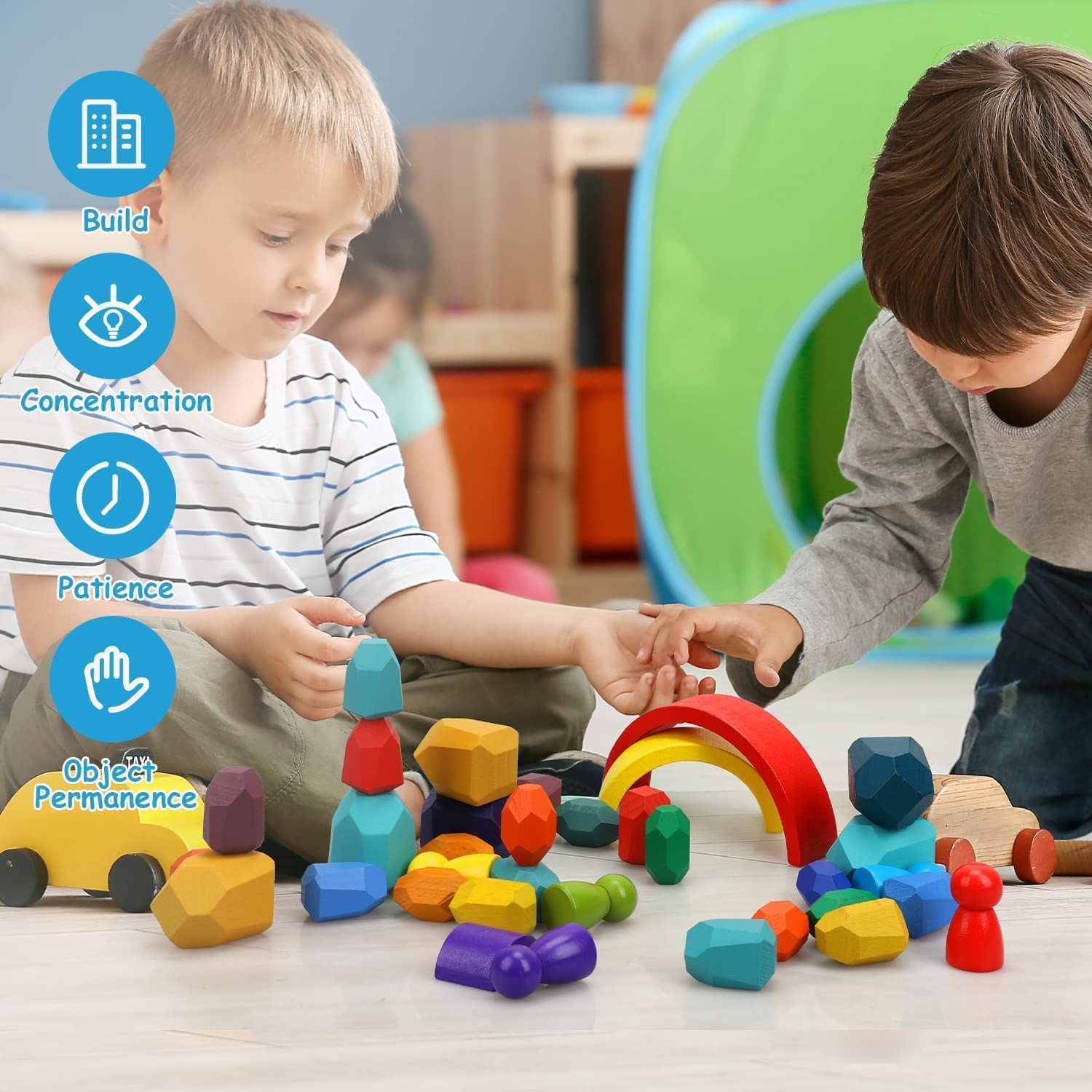 Fidtoy Juego de juguetes de madera apilables con arcoíris para bebés y niños pequeños