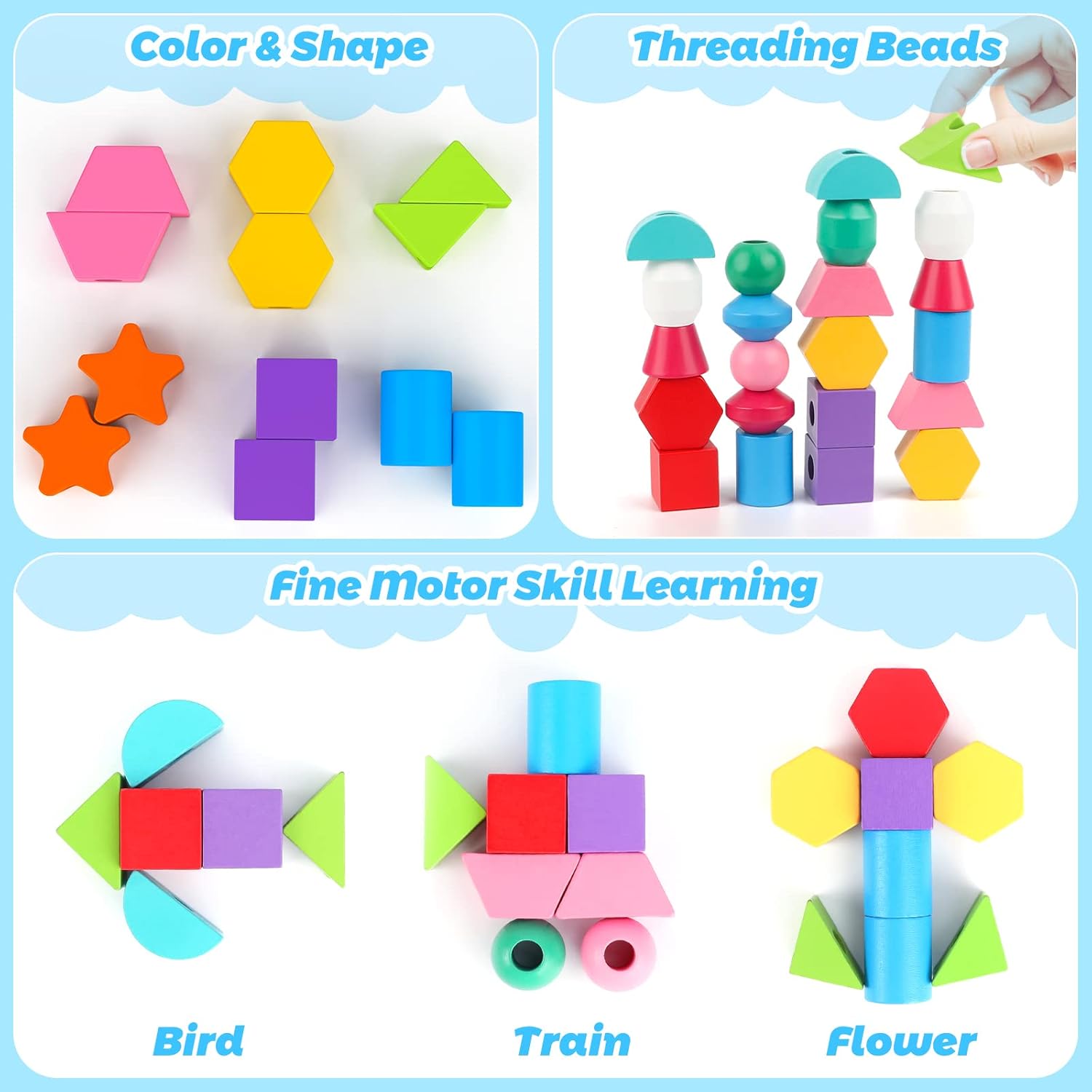 Fidtoy Wooden Blocks and Beads Learning Toy for Toddlers