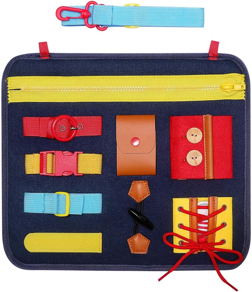 SIMBOOM Toddlers Busy Board, Montessori Basic Skills Activity Board, Learn to Dress Toys for 1 2 3 4 Years Old Kids Holiday Gifts (Blue)