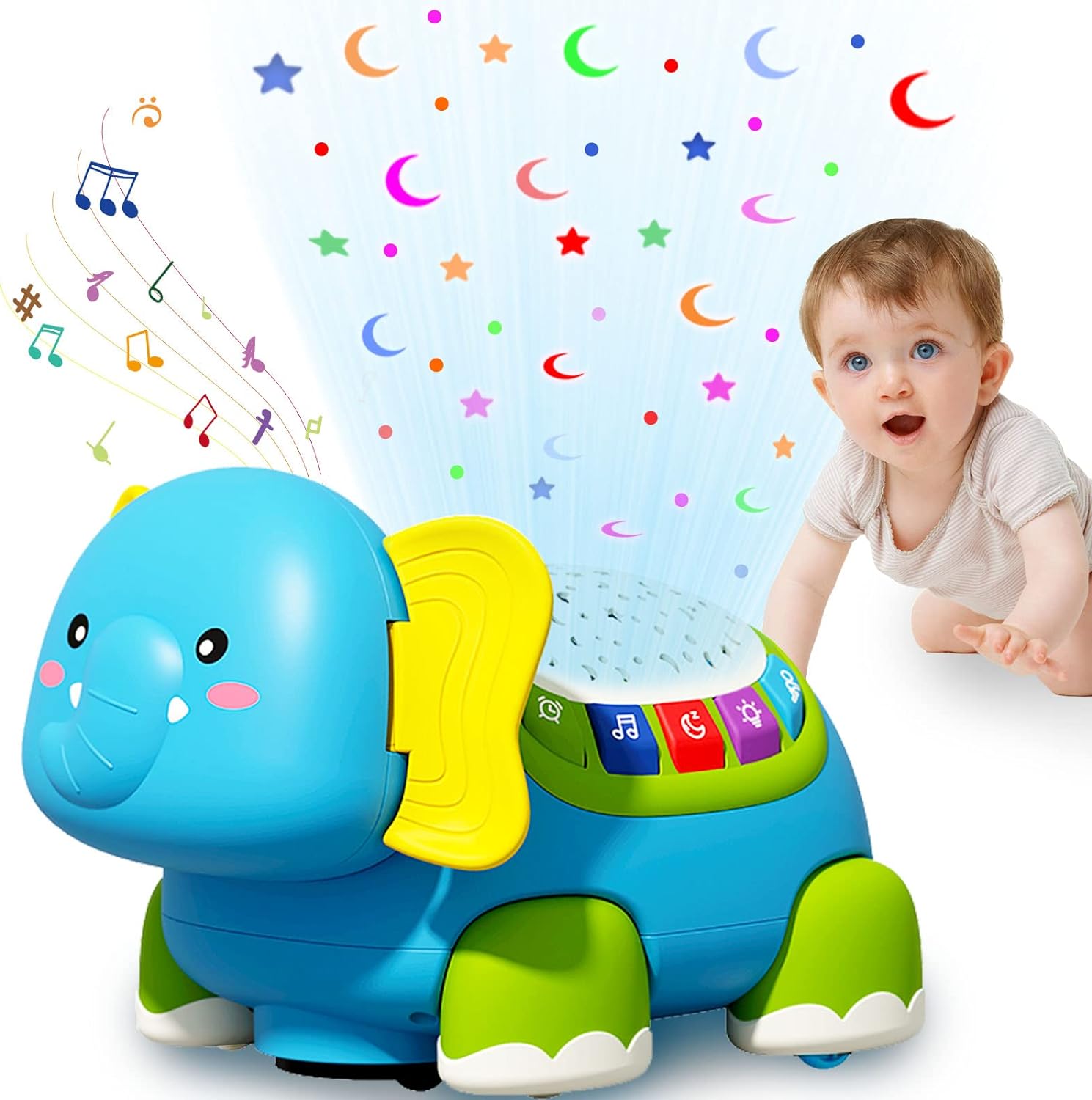 Fidtoy Musical Crawling Elephant Baby Toy with Lights, Lullabies & Star Projector for Toddlers