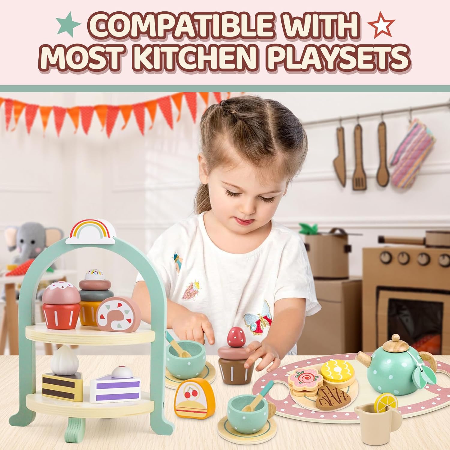 Fidtoy Wooden Cupcake Stacker Set - Pretend Play Toy for Toddlers