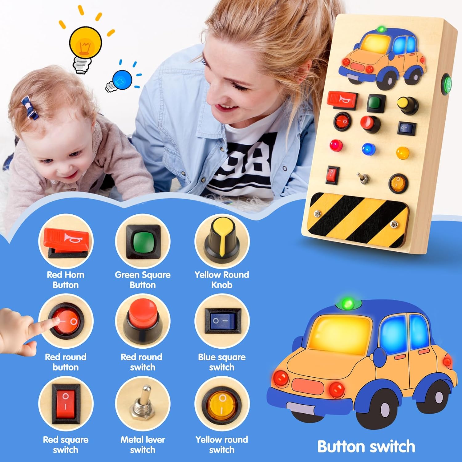 POLKRANE Tablero ocupado con luz LED, juguetes Montessori con interruptor de palanca, juguetes sensoriales para niños pequeños 1-3, juguetes de viaje para actividades educativas para niños pequeños