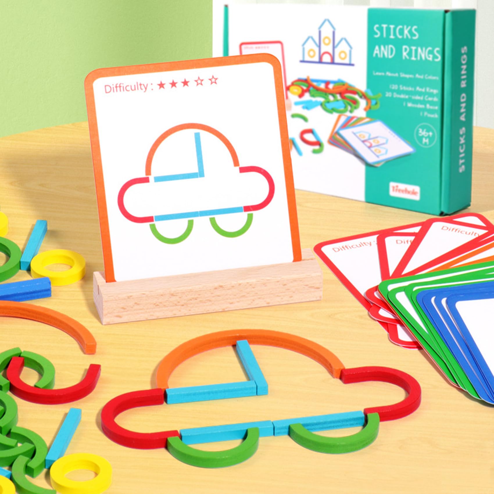 Fidtoy Wooden Sticks and Rings Pattern Matching Puzzle Cards – Memory and Cognitive Skill Toy for Kids