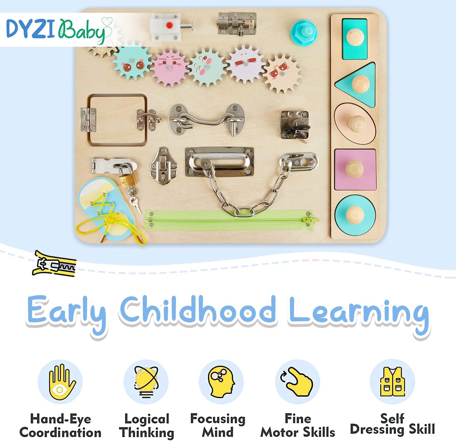 DYZI Montessori Busy Board for Toddlers-Sensory Travel Toys for Early Development and Autism-Educational Preschool Wooden Activity Toy for Boys & Girls