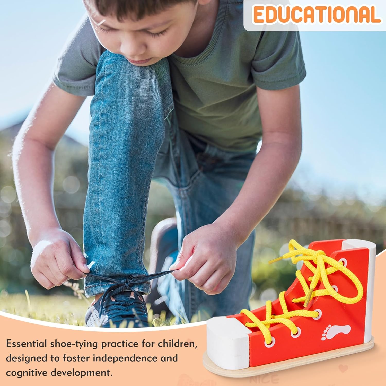 Pratique d'apprentissage pour lacer les chaussures pour enfants, entraînement au laçage de chaussures rouges pour enfants, laçage de chaussures en bois, apprentissage des compétences de base pour lacer les chaussures.